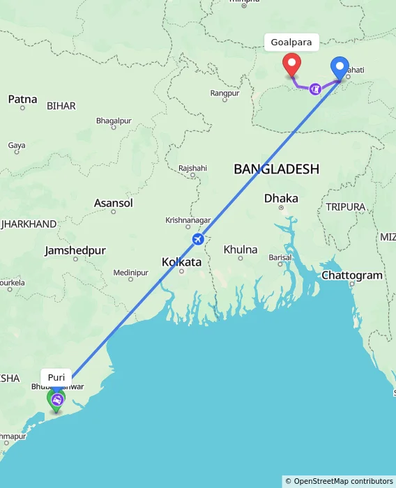Route map showing distance and travel time from Puri, India to Goalpara, India