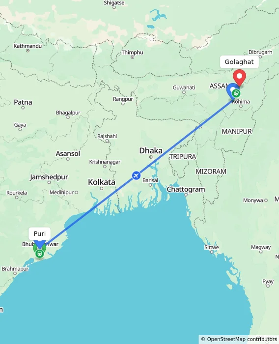 Route map showing distance and travel time from Puri, India to Golaghat, India