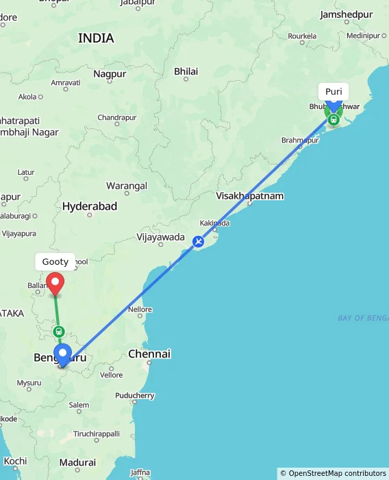 Route map showing distance and travel time from Puri, India to Gooty, India
