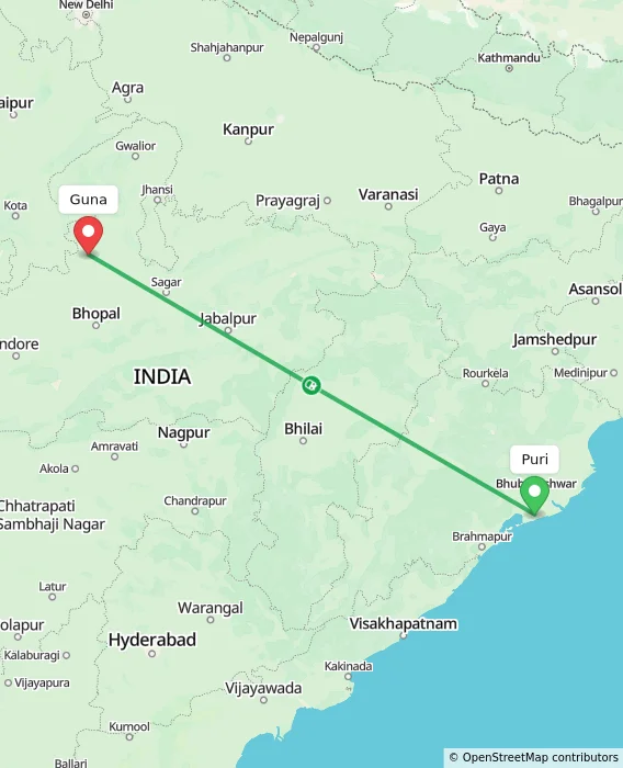 Route map showing distance and travel time from Puri, India to Guna, India