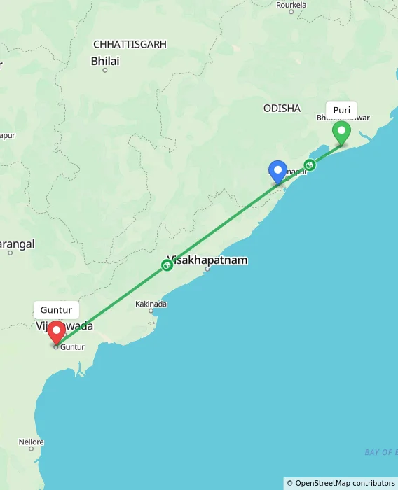 Route map showing distance and travel time from Puri, India to Guntur, India