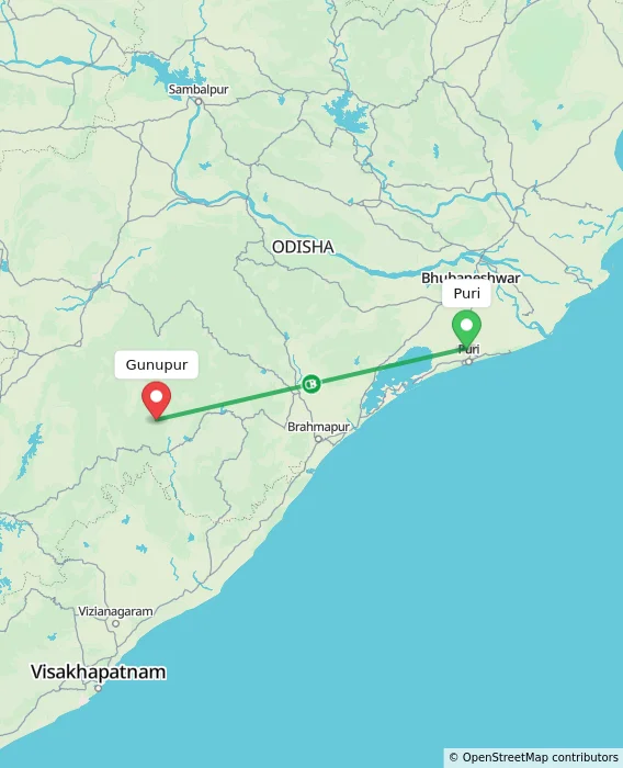Route map showing distance and travel time from Puri, India to Gunupur, India