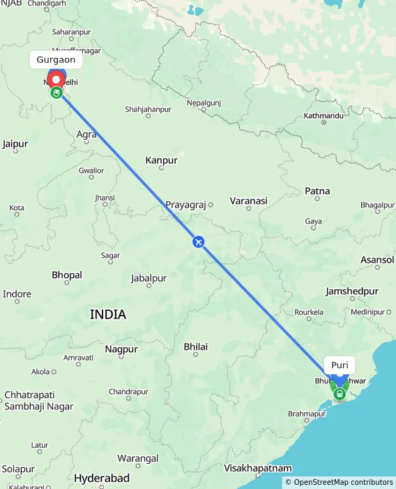 Route map showing distance and travel time from Puri, India to Gurgaon, India
