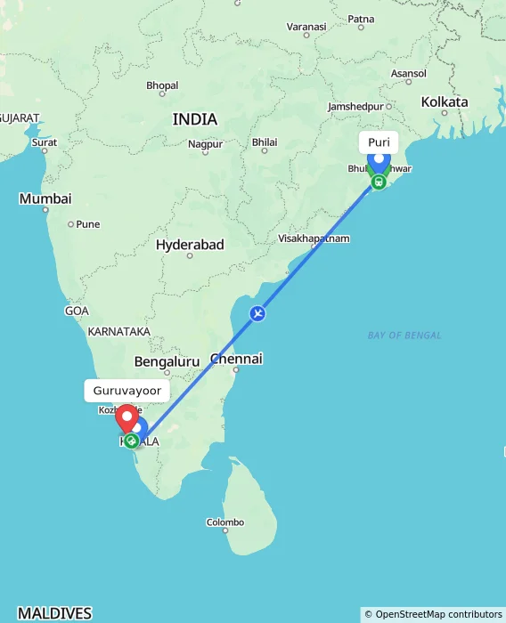 Route map showing distance and travel time from Puri, India to Guruvayoor, India