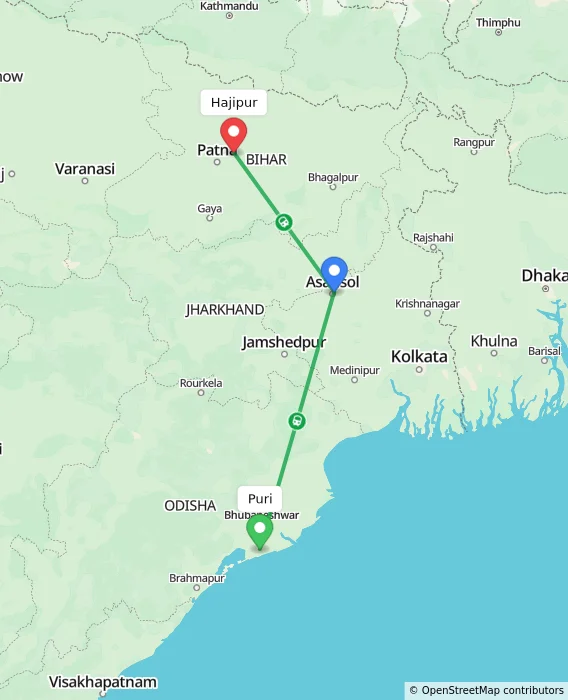 Route map showing distance and travel time from Puri, India to Hajipur, India
