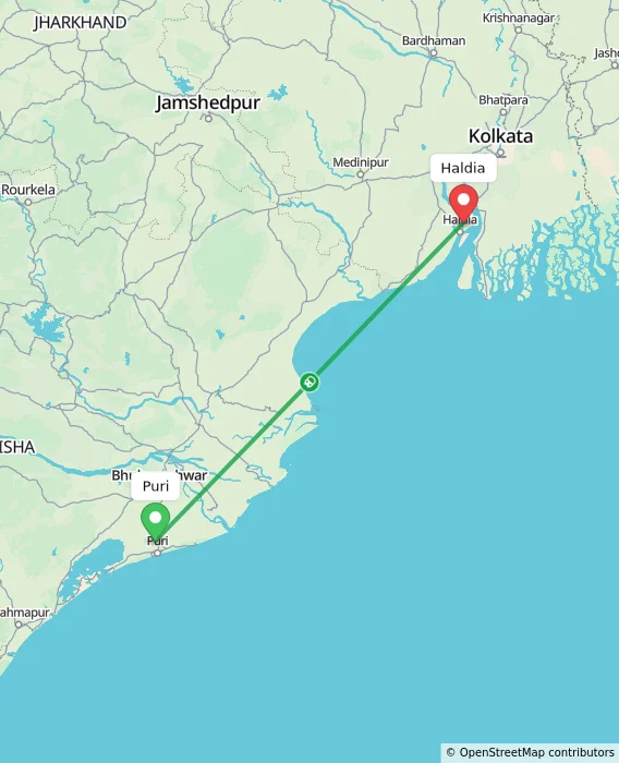 Route map showing distance and travel time from Puri, India to Haldia, India