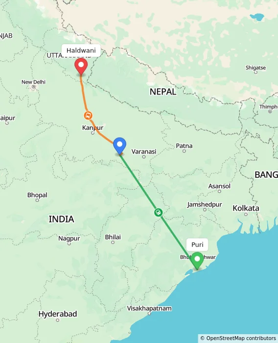Route map showing distance and travel time from Puri, India to Haldwani, India
