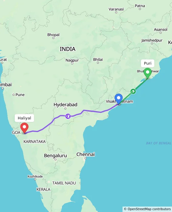 Route map showing distance and travel time from Puri, India to Haliyal, India