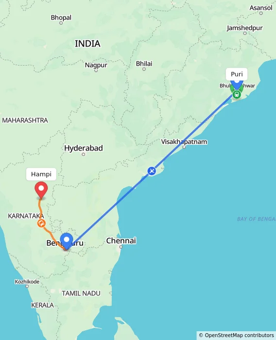 Route map showing distance and travel time from Puri, India to Hampi, India