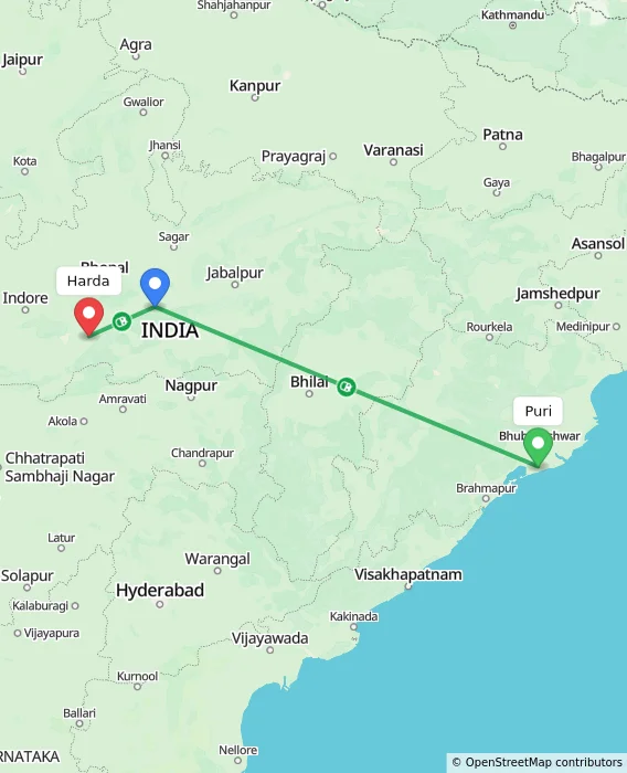 Route map showing distance and travel time from Puri, India to Harda, India