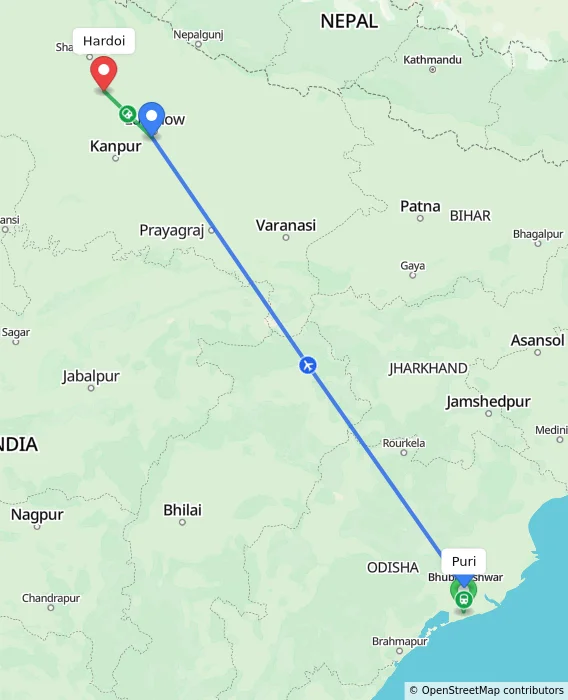 Route map showing distance and travel time from Puri, India to Hardoi, India