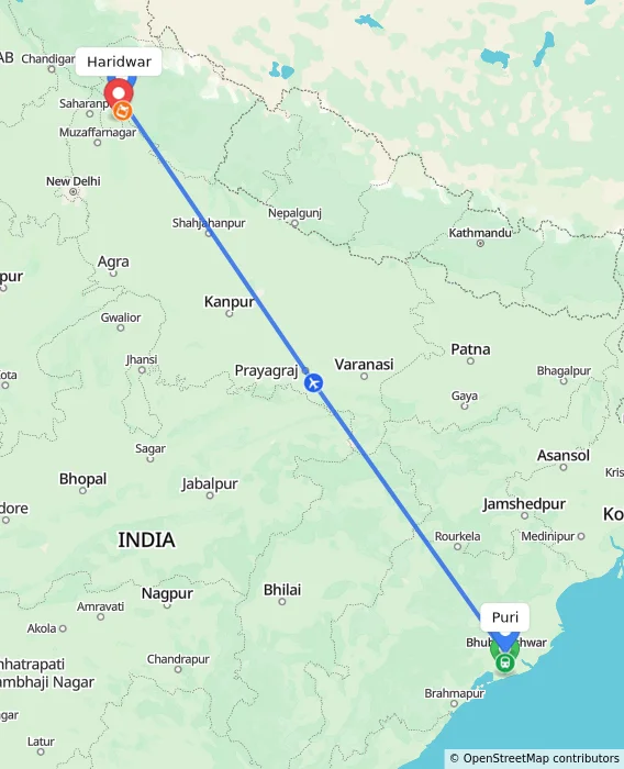 Route map showing distance and travel time from Puri, India to Haridwar, India