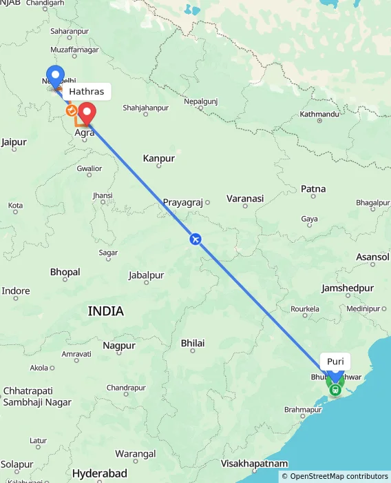 Route map showing distance and travel time from Puri, India to Hathras, India