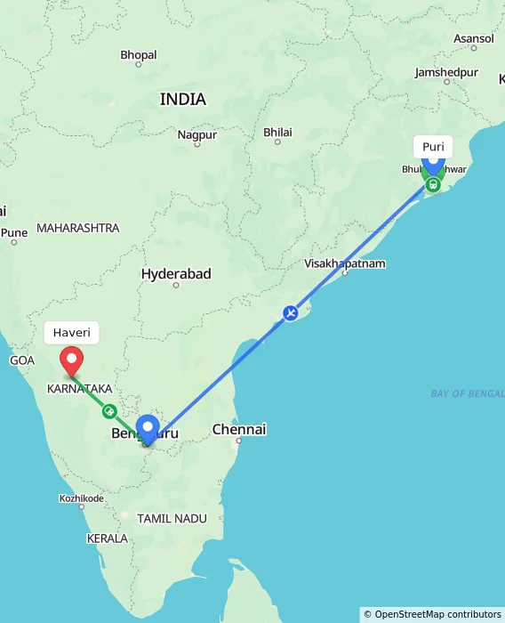 Route map showing distance and travel time from Puri, India to Haveri, India
