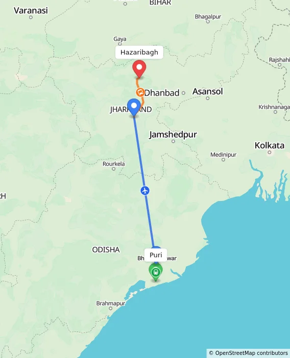 Route map showing distance and travel time from Puri, India to Hazaribagh, India