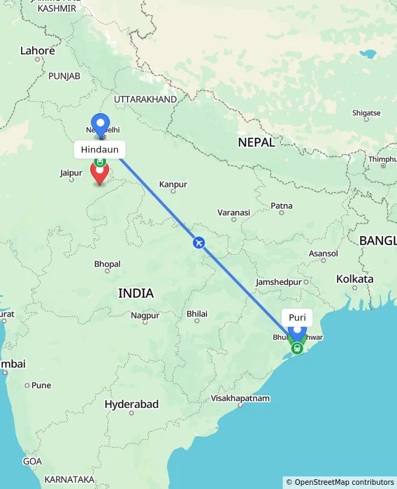 Route map showing distance and travel time from Puri, India to Hindaun, India