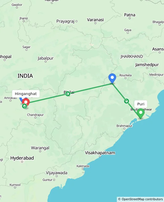 Route map showing distance and travel time from Puri, India to Hinganghat, India