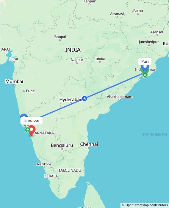 Route map showing distance and travel time from Puri, India to Honavar, India