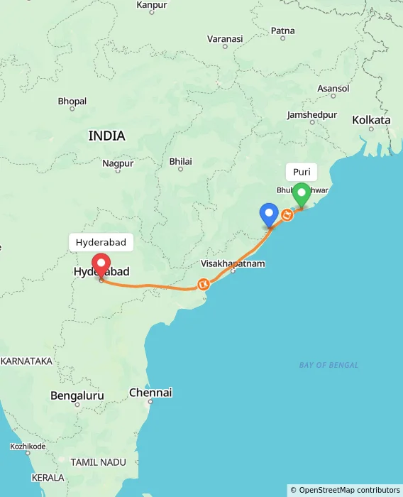 Route map showing distance and travel time from Puri, India to Hyderabad, India