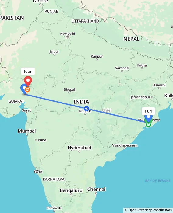 Route map showing distance and travel time from Puri, India to Idar, India