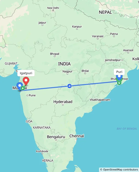 Route map showing distance and travel time from Puri, India to Igatpuri, India