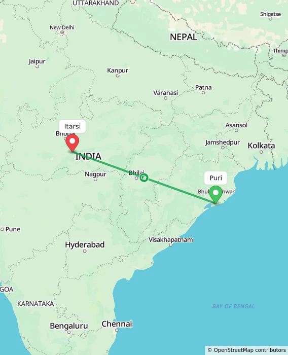 Route map showing distance and travel time from Puri, India to Itarsi, India