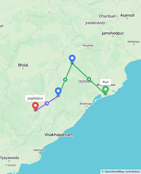 Route map showing distance and travel time from Puri, India to Jagdalpur, India