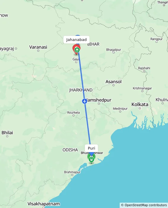 Route map showing distance and travel time from Puri, India to Jahanabad, India
