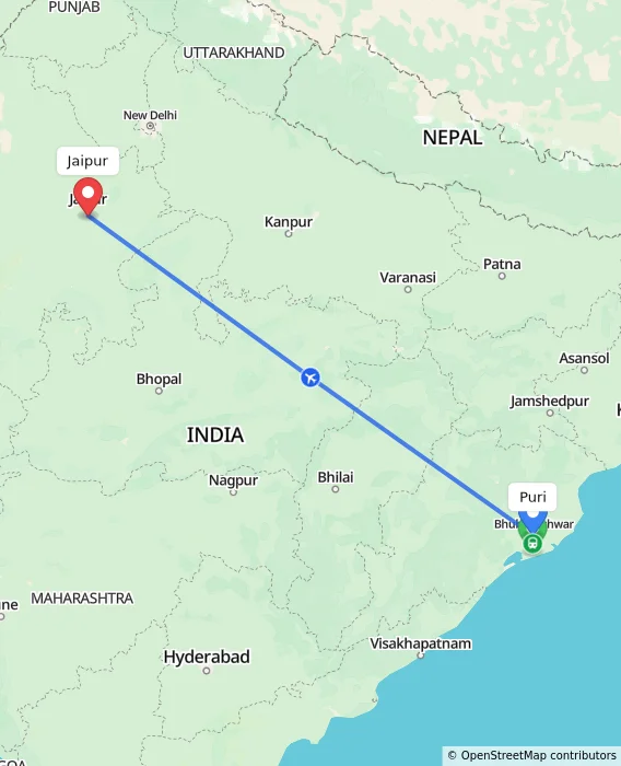 Route map showing distance and travel time from Puri, India to Jaipur, India