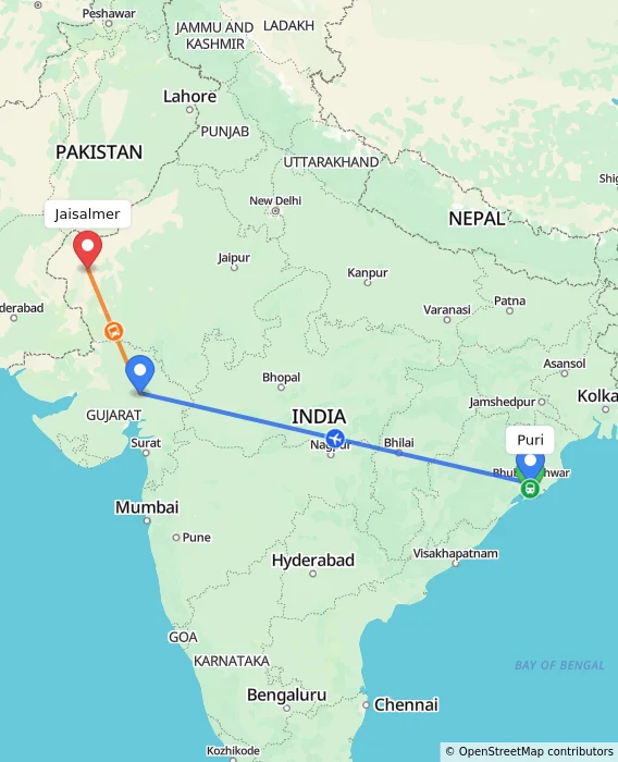 Route map showing distance and travel time from Puri, India to Jaisalmer, India