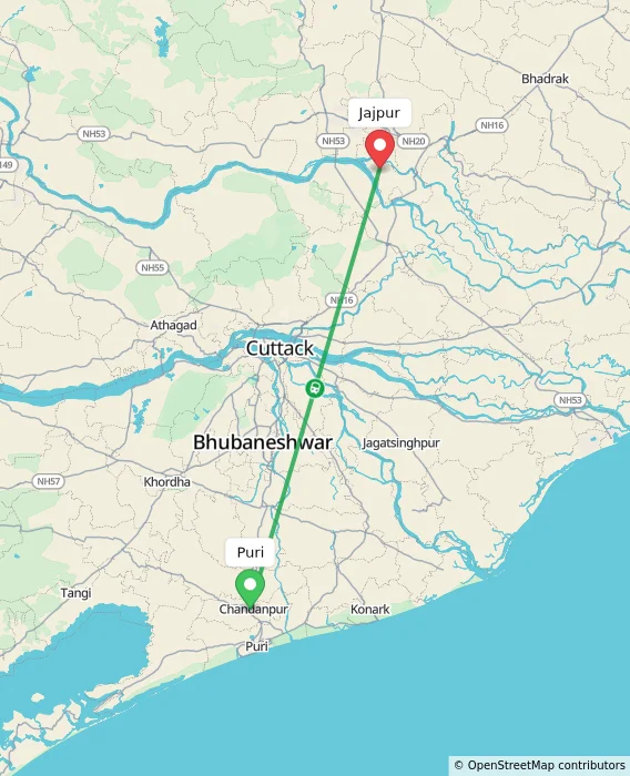 Route map showing distance and travel time from Puri, India to Jajpur, India
