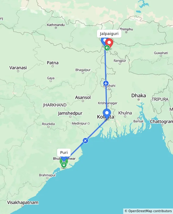 Route map showing distance and travel time from Puri, India to Jalpaiguri, India