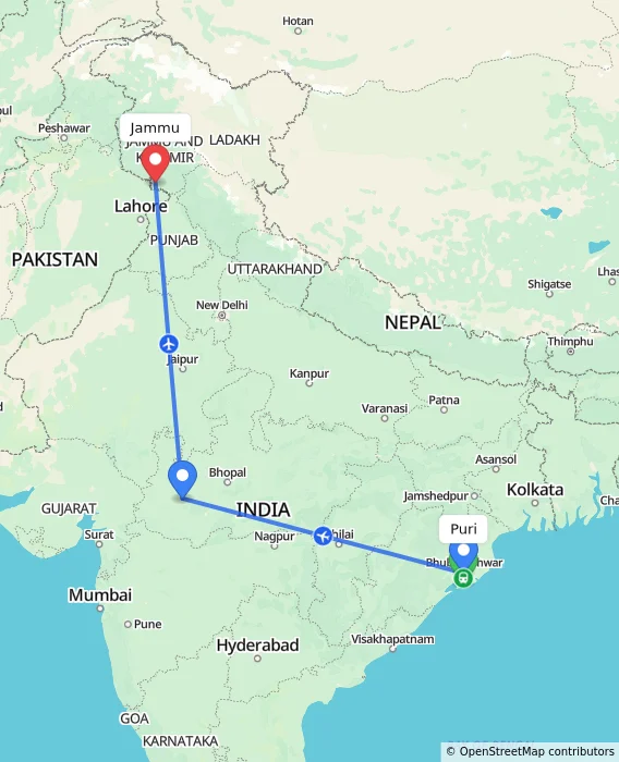 Route map showing distance and travel time from Puri, India to Jammu, India