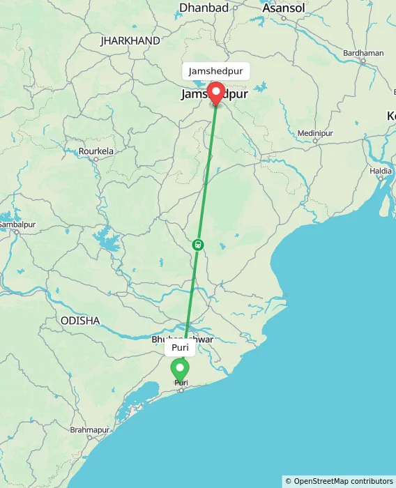 Route map showing distance and travel time from Puri, India to Jamshedpur, India