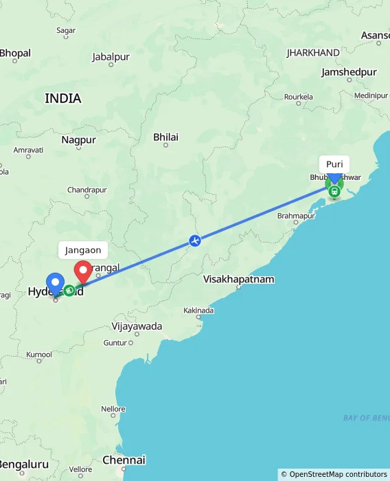 Route map showing distance and travel time from Puri, India to Jangaon, India