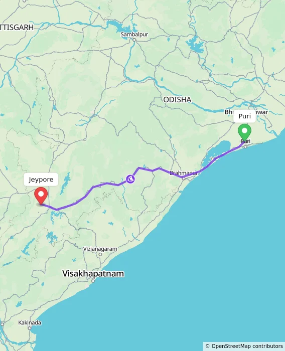 Route map showing distance and travel time from Puri, India to Jeypore, India