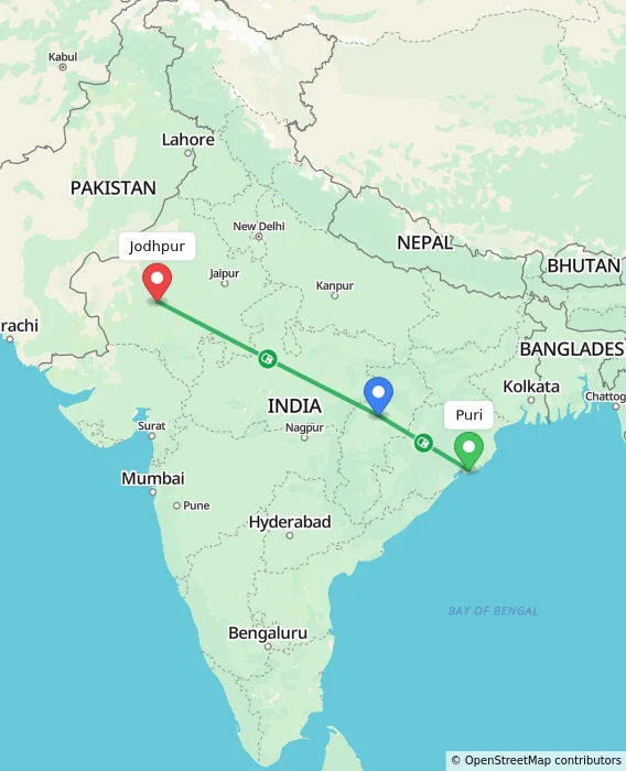 Route map showing distance and travel time from Puri, India to Jodhpur, India