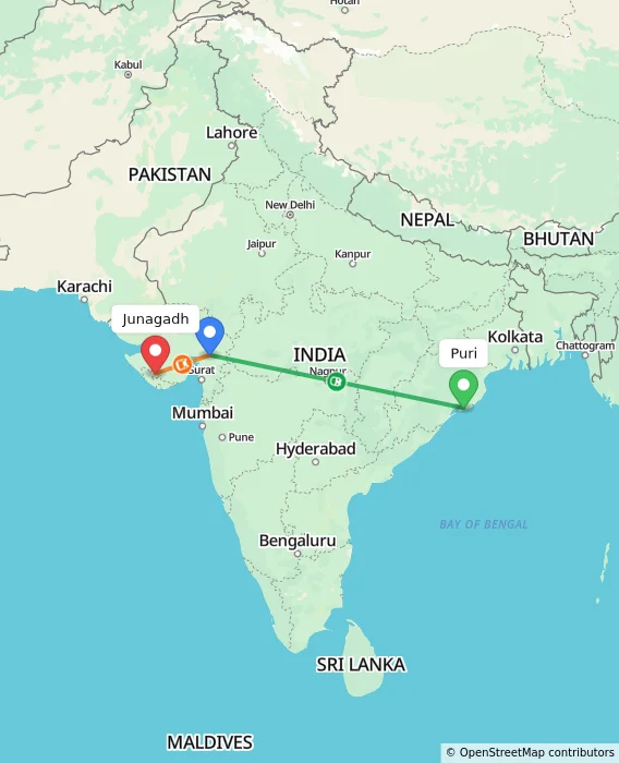 Route map showing distance and travel time from Puri, India to Junagadh, India
