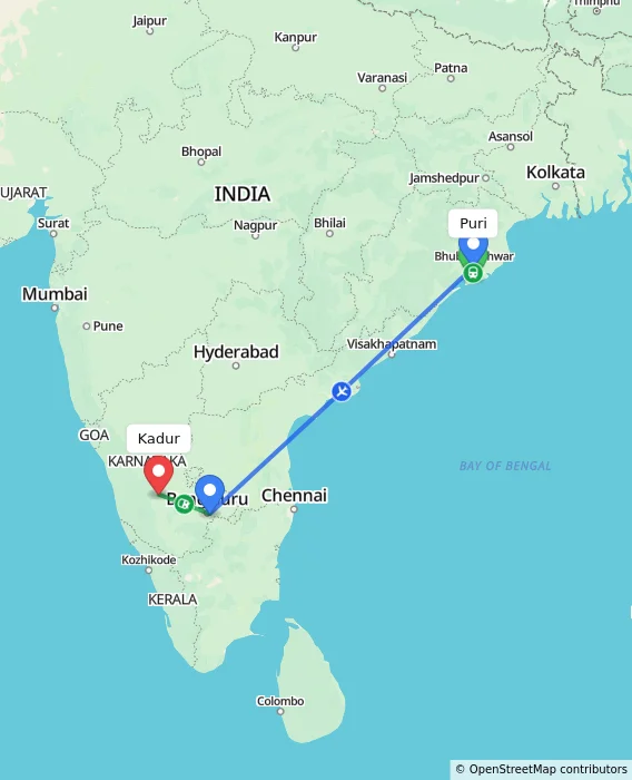 Route map showing distance and travel time from Puri, India to Kadur, India