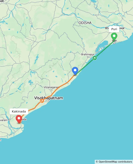 Route map showing distance and travel time from Puri, India to Kakinada, India
