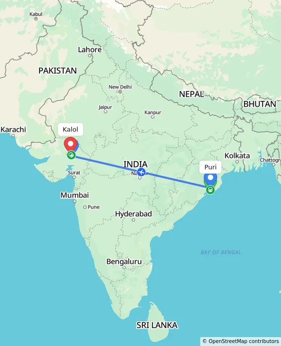 Route map showing distance and travel time from Puri, India to Kalol, India