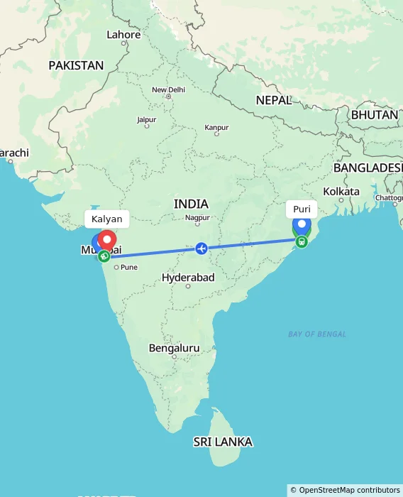 Route map showing distance and travel time from Puri, India to Kalyan, India
