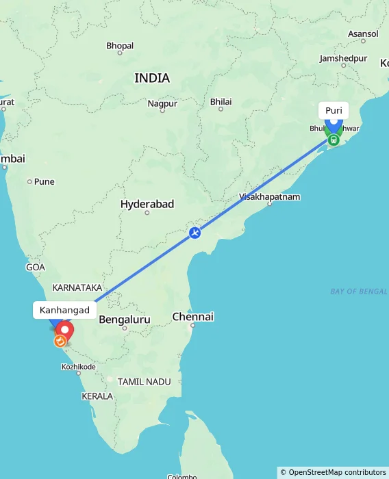 Route map showing distance and travel time from Puri, India to Kanhangad, India