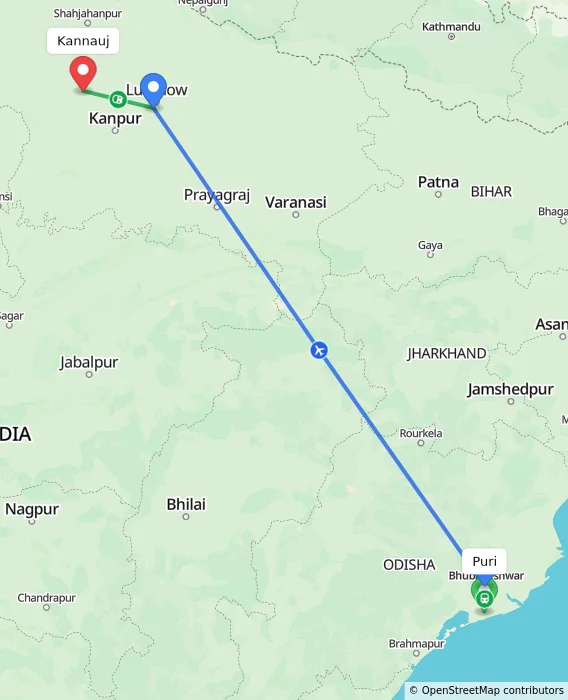 Route map showing distance and travel time from Puri, India to Kannauj, India