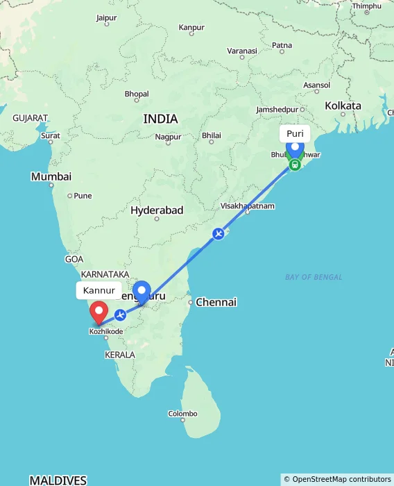 Route map showing distance and travel time from Puri, India to Kannur, India