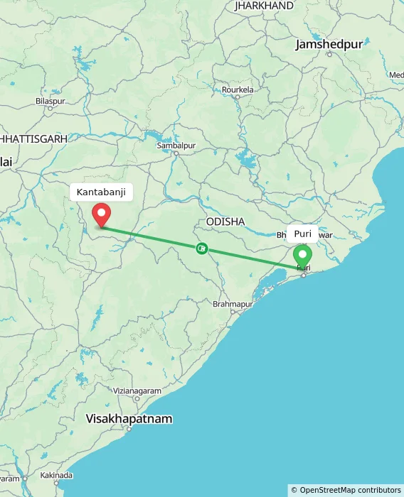 Route map showing distance and travel time from Puri, India to Kantabanji, India