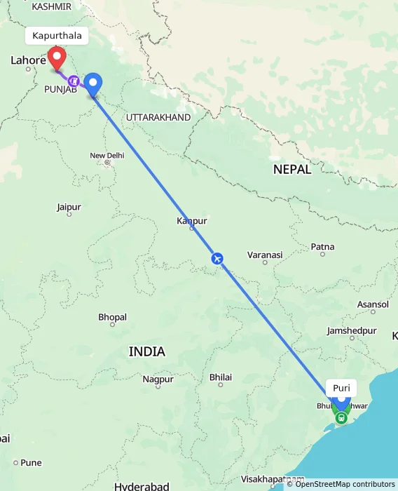 Route map showing distance and travel time from Puri, India to Kapurthala, India