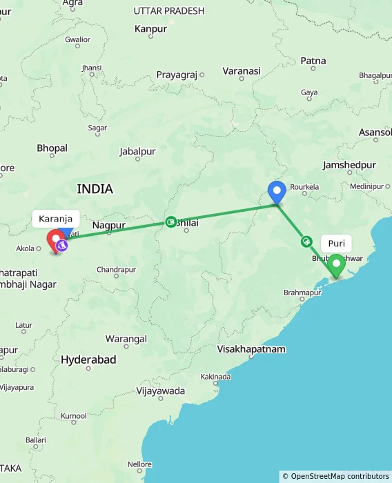 Route map showing distance and travel time from Puri, India to Karanja, India