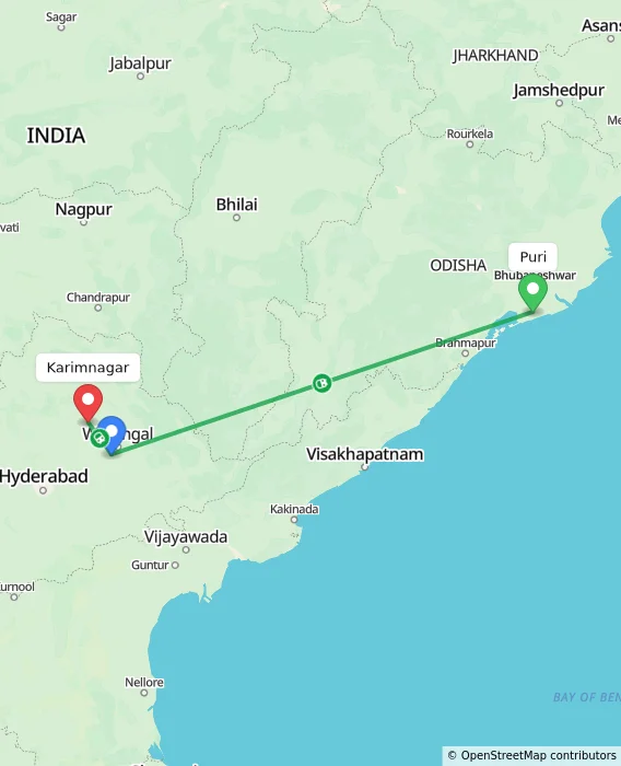Route map showing distance and travel time from Puri, India to Karimnagar, India