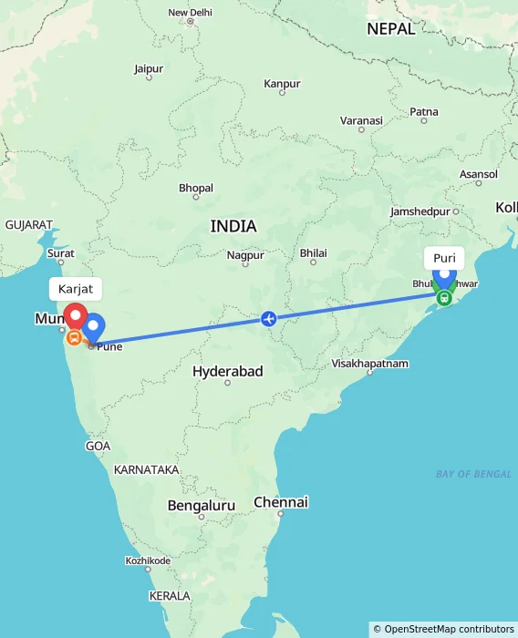 Route map showing distance and travel time from Puri, India to Karjat, India